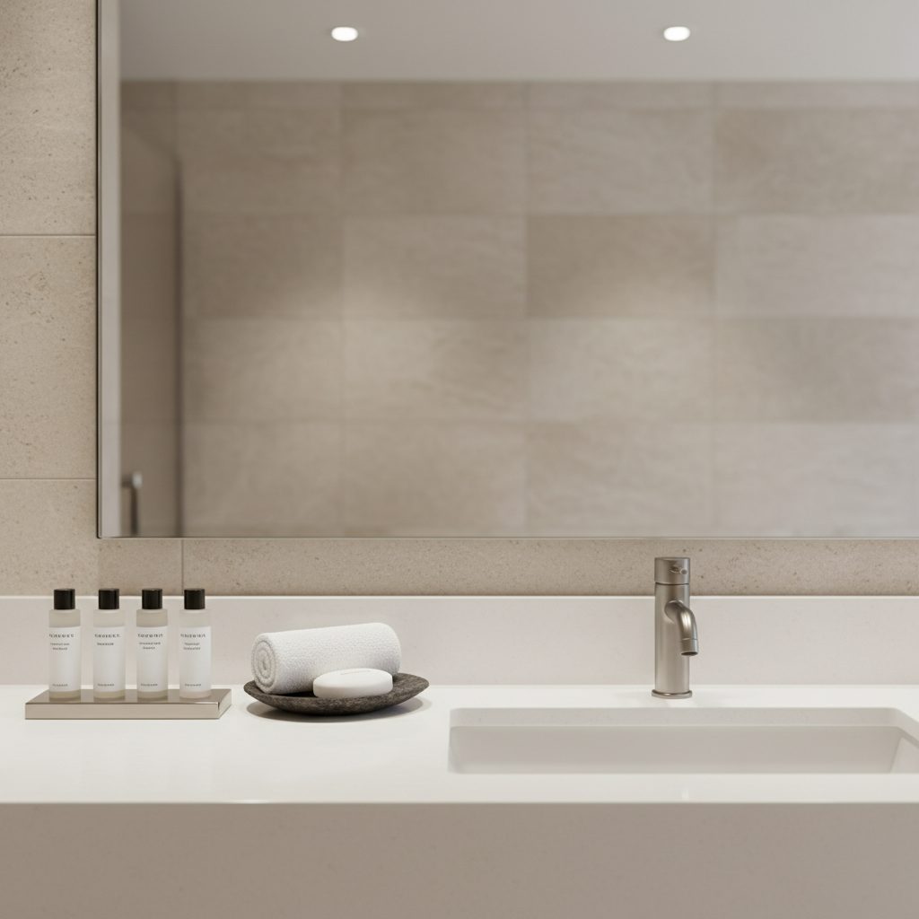 A high-end guest bathroom vanity showcasing hospitality excellence: a wide, solid-surface countertop in matte white with an integrated rectangular sink, complemented by a sleek, brushed-nickel faucet. On one side sits a neatly arranged collection of travel-size amenities in uniform, minimalist bottles, each label clean and understated. A plush, tightly rolled white hand towel rests beside a small, dark-stone dish holding a single, unscented soap bar. Above, a frameless mirror reflects a softly blurred, neutral-tiled shower. Bright yet diffused overhead lighting creates even illumination, with gentle highlights on the faucet and subtle shadows under the amenities. Photographed straight-on at eye level, with sharp focus and a clean composition, the image communicates precision, hygiene, and refined guest care in a realistic, contemporary style.