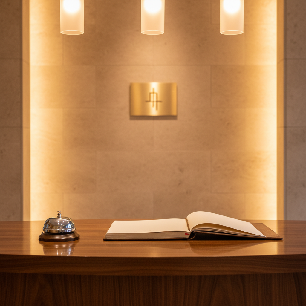 A polished dark-wood reception counter with rounded edges, topped with a minimalist brass service bell and a leather-bound guestbook opened to a blank, cream-colored page. Behind the counter, a backlit wall of textured stone in soft beige tones features a discreet, tasteful logo plaque, suggesting refined brand presence. Warm overhead pendant lighting casts a welcoming glow, highlighting the bell’s metallic reflections and the grain of the wood. The scene is captured from a slightly elevated, front-facing angle, with sharp focus on the bell and guestbook, while the background softly blurs. The mood is professional, calm, and inviting, emphasizing hospitality excellence through meticulous details and a photographic, contemporary style.