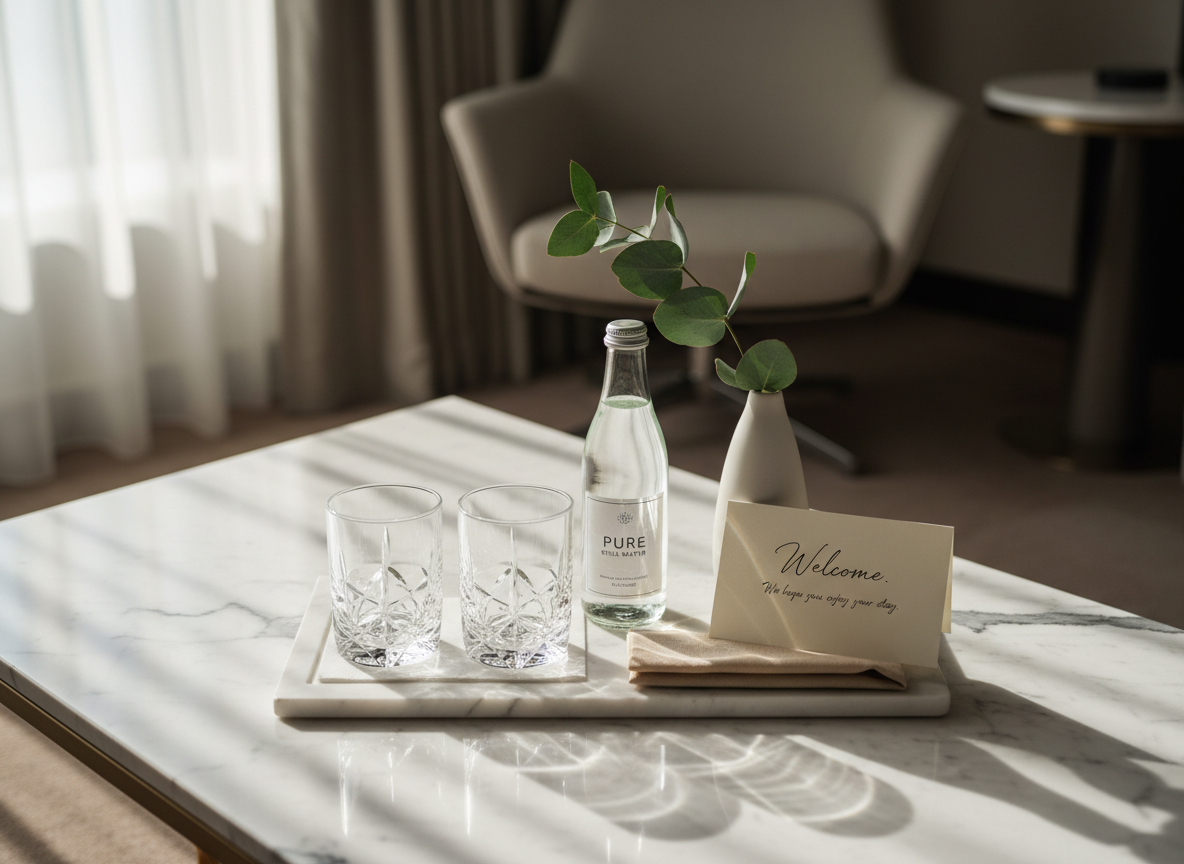 An elegant welcome tray arranged on a low, marble-topped coffee table in a hotel suite, featuring two crystal water tumblers, a small glass bottle of still water with a simple label, and a neatly folded linen napkin in soft sand color. Next to them, a handwritten welcome card in refined script leans against a slim, matte-ceramic vase holding a single green eucalyptus stem. Natural afternoon light streams in from a nearby window, creating crisp reflections in the glass and gentle shadows on the marble’s subtle veining. Photographed from a three-quarter top-down angle with a balanced composition and shallow depth of field, the image feels intimate, serene, and impeccably curated, embodying elevated guest care in clean, photographic realism.