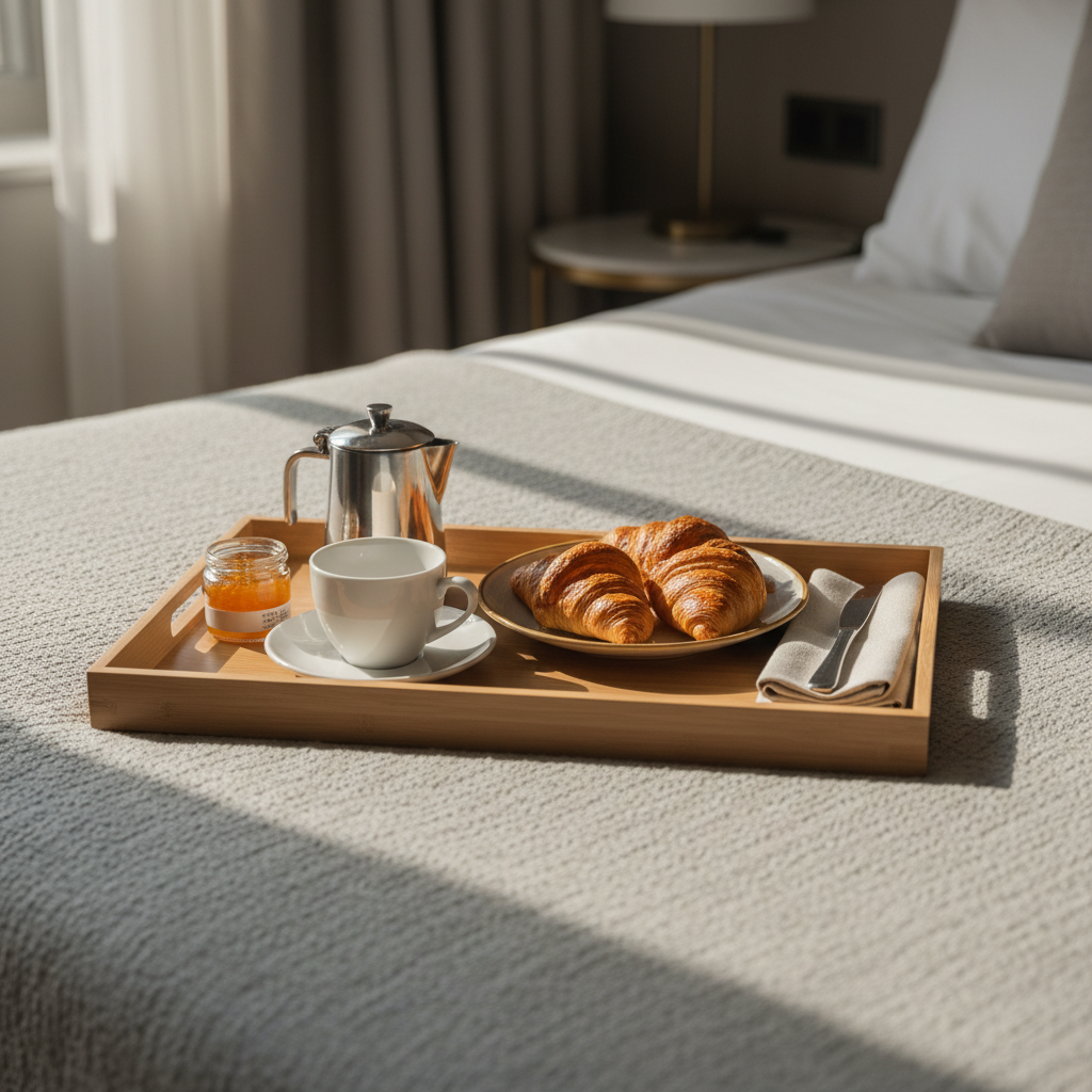 A refined breakfast-in-room setup on a neatly made bed covered with a textured, light-gray coverlet. A rectangular wooden tray with clean lines holds a small, stainless steel coffee pot, a pristine white porcelain cup and saucer, a plate with three golden-brown croissants, and a tiny glass jar of orange marmalade. A folded linen napkin and a simple, brushed-steel butter knife complete the arrangement. Soft morning sunlight grazes the scene from a side window, casting gentle shadows and enhancing the warmth of the pastries. Photographed from a slightly elevated angle with a shallow depth of field, the tray is in crisp focus while the surrounding bed softly blurs. The photographic realism and minimalist styling evoke calm, comfort, and discreetly luxurious hospitality.