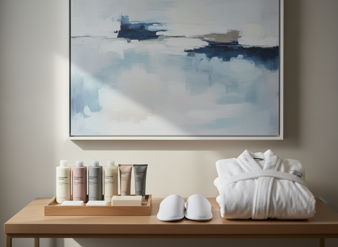 A meticulously organized in-room amenities display on a light oak console: a tray with coordinated, matte-finish toiletries in neutral tones, a neatly folded, heavyweight white bathrobe with a soft, inviting texture, and a pair of closed, fabric slippers aligned perfectly side by side. In the background, a large, framed abstract artwork in soothing blues and grays hangs on a pale, textured wall. Soft, diffused morning light filters in from an unseen window, creating a calm atmosphere and subtle highlights along the robe’s fibers. Shot at eye level with rule-of-thirds composition and a moderate depth of field, the scene balances clarity and softness. The photographic style emphasizes professionalism, order, and a guest-centric experience rooted in thoughtful detail.