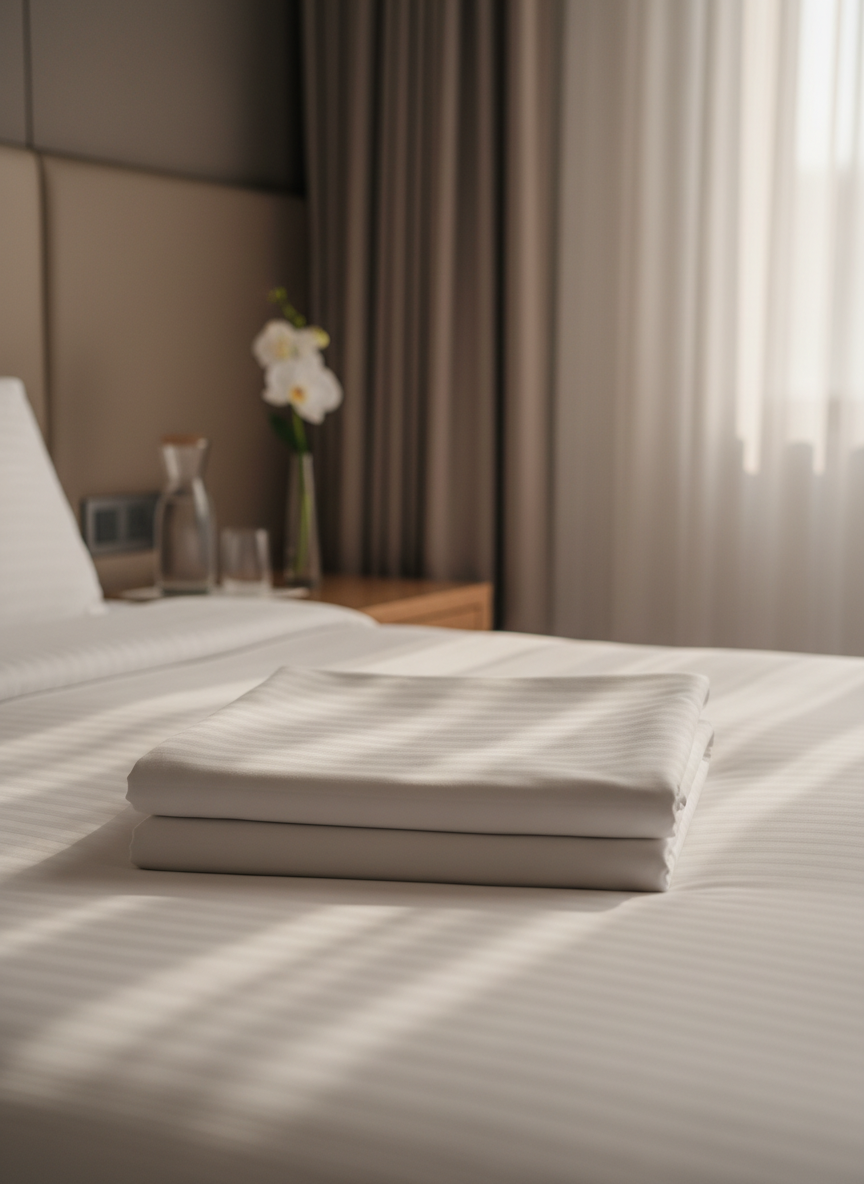 A meticulously folded, snow-white cotton bedsheet with a subtle sateen sheen, arranged atop a plush, king-size hotel bed with a smooth, upholstered headboard in muted taupe. On the bedside table, a small glass carafe of water and a single, fresh white orchid in a slim vase suggest thoughtful hospitality. Soft, warm evening light filters through sheer curtains, creating gentle gradients across the fabric and delicate shadows along the folds. Photographed at eye level with a slightly off-center composition and shallow depth of field, the focus lingers on the crisp textures and quiet elegance. The photographic realism and clean, modern aesthetic convey professional, five-star guest experience and understated luxury.